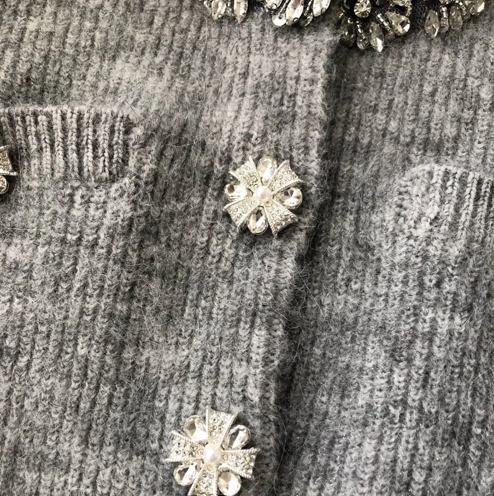 Self Portrait Grey Fluffy Crystal Trim Cardigan - Picture 10 of 13